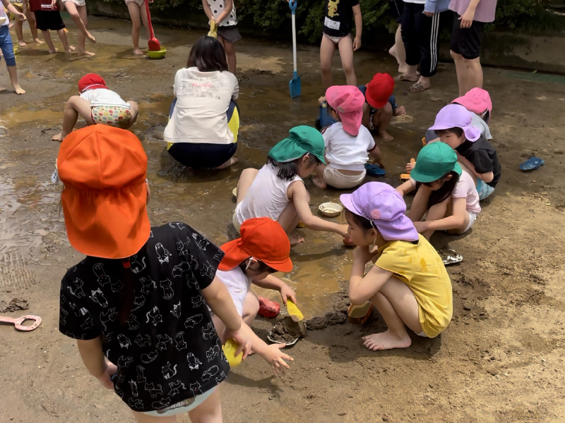 泥んこ遊びは夏限定の特別な遊び。子どもたちも全身泥だらけで思い切り楽しんでいます！（写真提供／いわさき幼稚園）